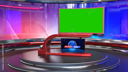 Fototapeta Naklejka Na Ścianę i Meble -  News Studio, Backdrop For TV Shows .TV On Wall.3D Virtual News Studio Background, 3d illustration