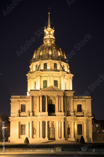 Facade of Cathedral Les Invalides in Paris at night