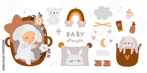 Newborn baby essentials collection in boho style. Childish bohemian illustration. Baby shower gift ideas. Baby must haves. Ultimate baby registry. Nursery products for first year of life  
