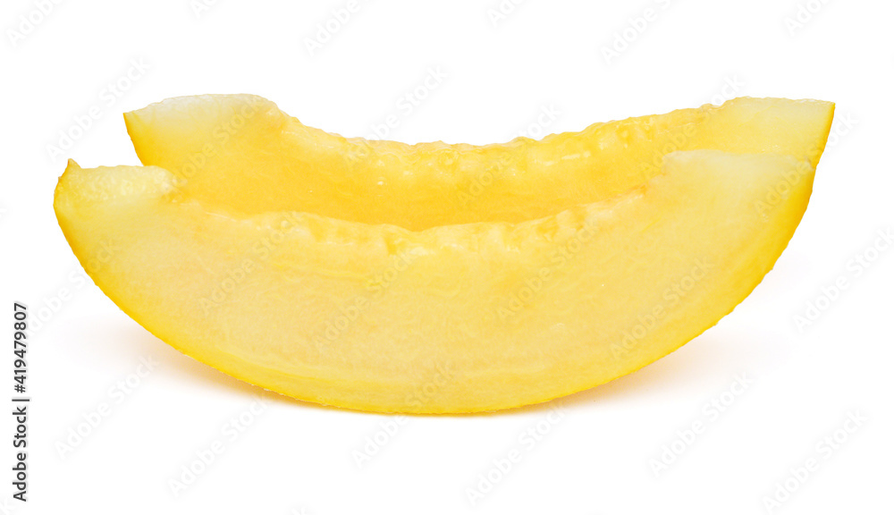 Two melon slice isolated on a white background. Beautiful composition for advertising and packaging design. Perfectly retouched, full depth of field on the photo