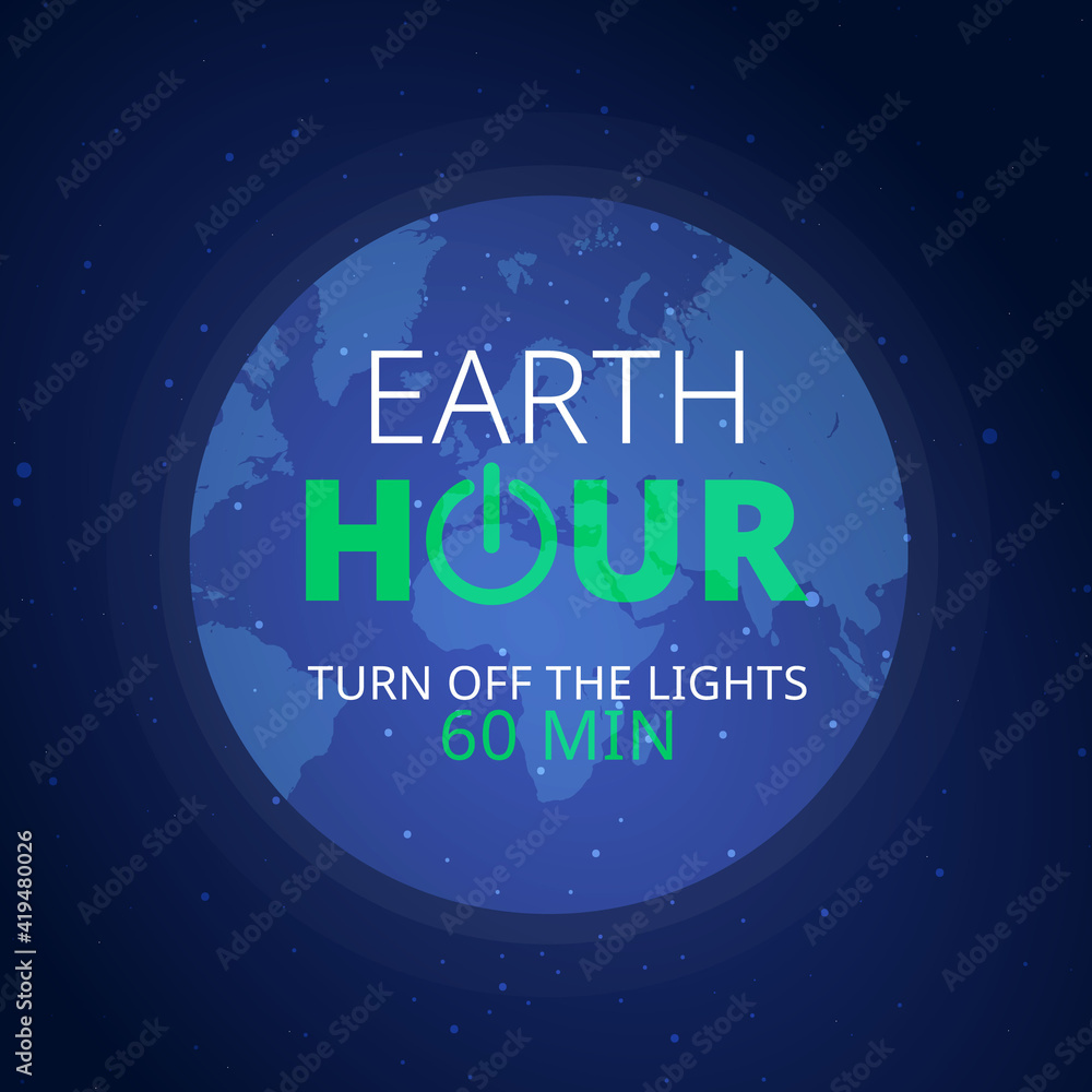 Obraz premium Earth hour illustration with planet and turn off button. Turn off the lights.