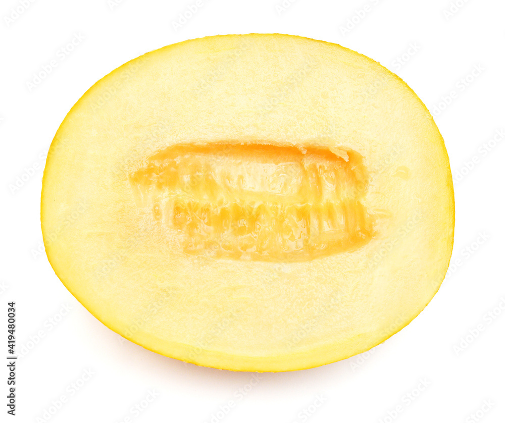 Melon half isolated on a white background. Top view, flat lay Melon half isolated on a white background. Top view, flat lay