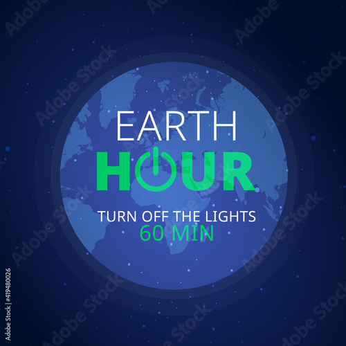Earth hour illustration with planet and turn off button. Turn off the lights.