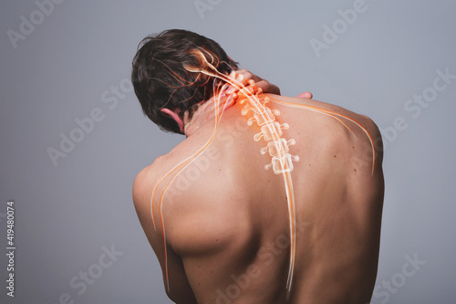 Neck pain, man back acute painful zone	
