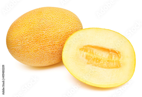 Melon whole and half isolated on a white background. Top view, flat lay