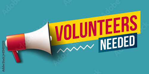 "Volunteers needed" banner with megaphone