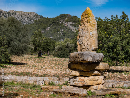 Stone carved sculpture at Ses Fonts Ufanes, a Nature, landmark with spectacular nature near the village of Sa Pobla, on the balearic island of mallorca, spain photo