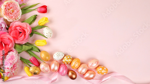 Happy Easter concept, spring card, composition with flowers and eggs on a gentle background. Festive minimal concept, place for text, banner for screen, selective focus