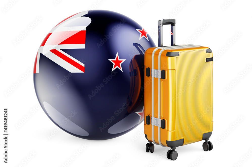 Suitcase with New Zealand flag. New Zealand travel concept, 3D rendering Suitcase with New Zealand flag. New Zealand travel concept, 3D rendering