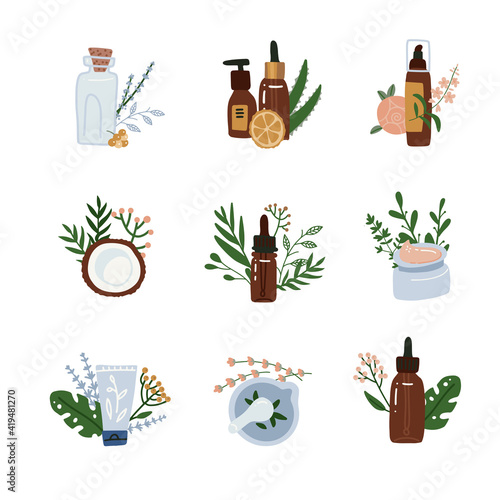 Natural cosmetics compositions set. Skincare and healthcare, natural pharmacological products Organic cosmetics, biopharmacology products, homeopathy metaphors. Vector flat illustrations.