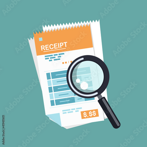 Receipt icon with magnifying glass. Invoice, check, bill sign. Paper financial symbol in flat style. Studying paying bill. Payment of goods, service, utility, bank, restaurant.Flat vector illustration