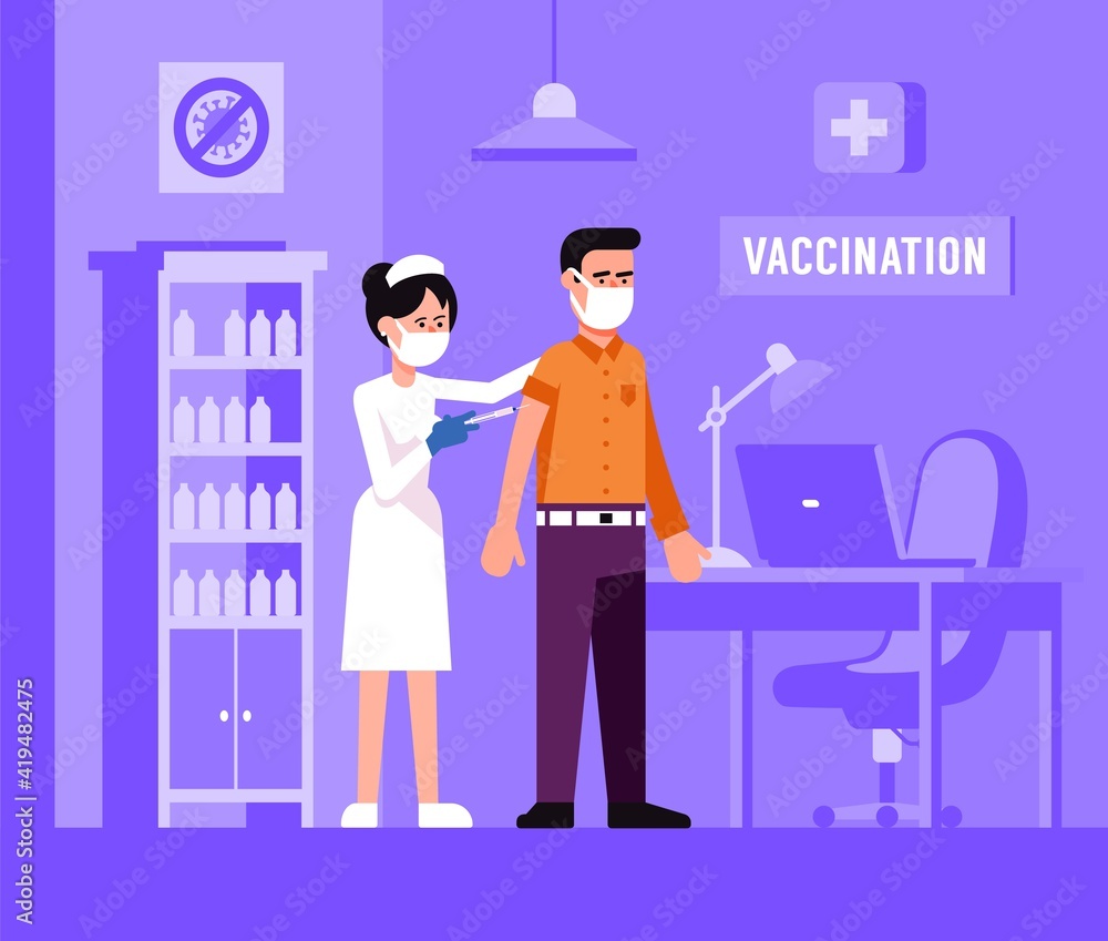 Nurse gives vaccine to patient. Vaccination in medical clinic. Vector illustration. Nurse gives vaccine to patient. Vaccination in medical clinic. Vector illustration.