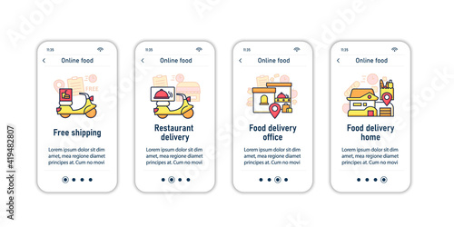 Online food onboarding mobile app screens. Consists of food restaurant delivery office, home, free shipping steps menu. Set of UI, UX, web template with RGB color linear icons