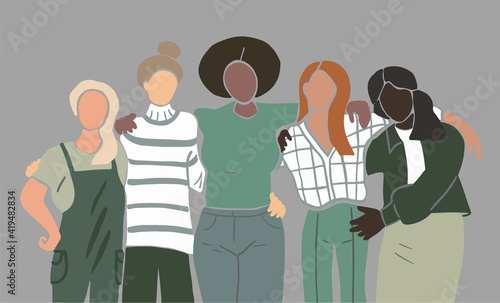 Group of five female friends with different skin tones and hair colors, various body types. Diversity concept. Minimal flat vector illustration