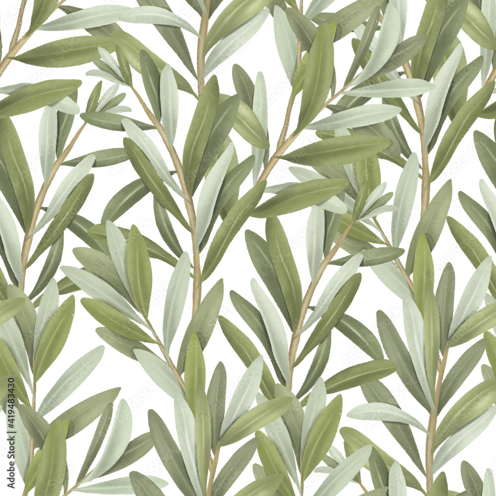 Fototapeta premium Seamless pattern of green olive tree branches, hand drawn illustration on white background