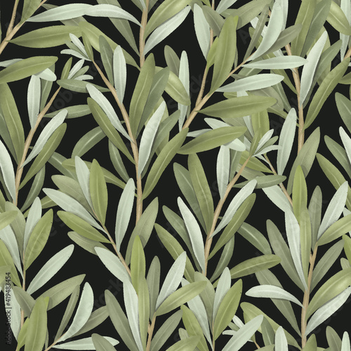 Seamless pattern of green olive tree branches, hand drawn illustration on dark background