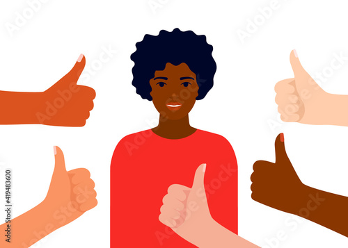 Happy young beautiful black woman collects hands like. Smiling girl surrounds hands showing thumbs up. Social approval, positive feedback, acceptance success concept. Vector flat illustration