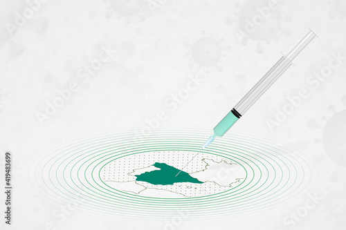 Spain vaccination concept, vaccine injection in map of Spain. Vaccine and vaccination against coronavirus, COVID-19.