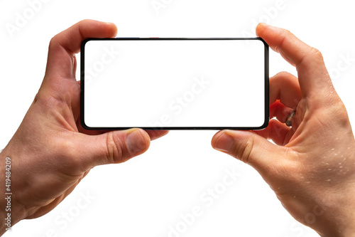 Tableau sur toile Smartphone mit leerem Display in den Händen eines Mannes als Vorlage für individ