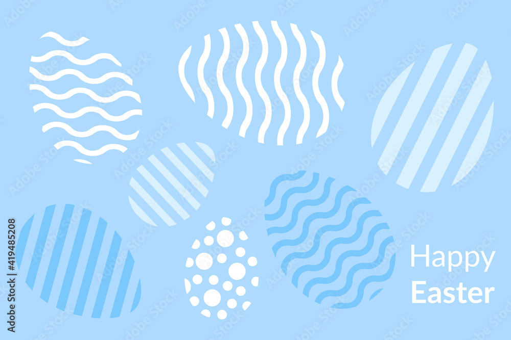 Happy Easter sale banner with eggs on blue background. Vector holiday frame. Design for holiday flyer, poster, party invitation.