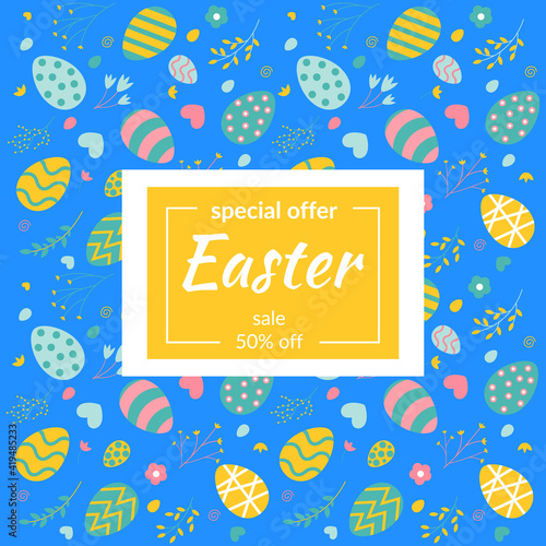 Easter sale illustration on blue background. Easter background template with beautiful flowers, leaves,twigsand and eggs. Vector illustration. Spring minimalistic background. photo