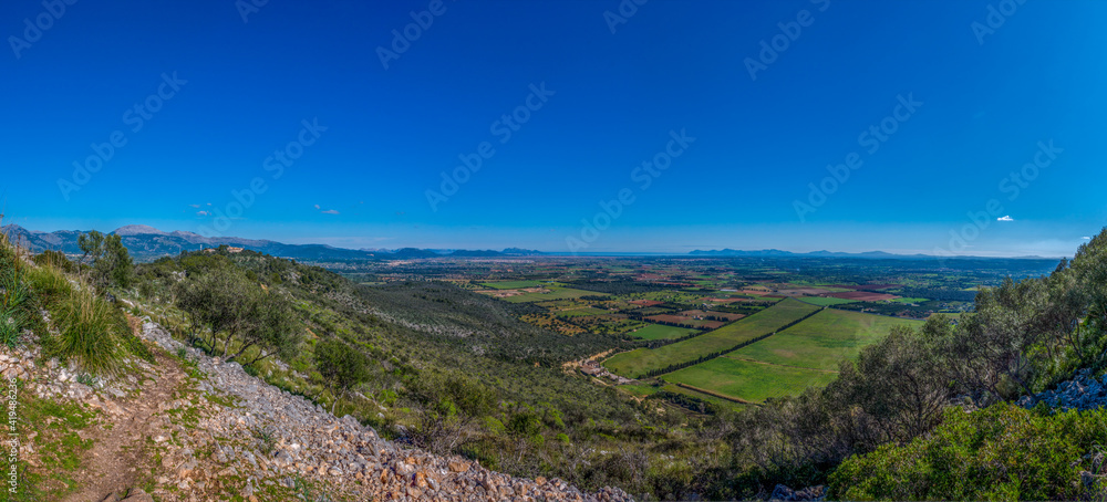 view from the landmark ermita santa magdalena, of the plane of the balearic island of mallorca, spain