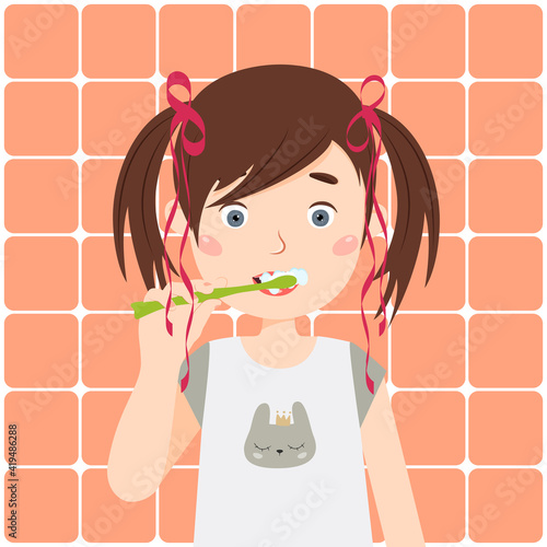 Cute girl brushing teeth, kids oral hygiene. Vector illustration.