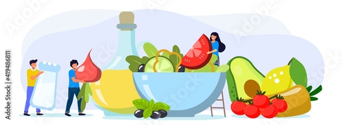 Cooking salad Tiny people standing by huge salad bowl Flat vector illustration for poster banner website Small men and women putting slices of vegetables to salad mixing bowl Healthy organic food