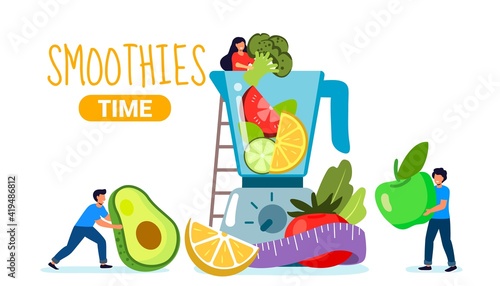 Smoothie time Making healthy drink Blender for vegetables Preparation of natural organic juices and smoothies from tomatoes avocados limes cucumbers green herbs Cartoon Flat Vector Illustration