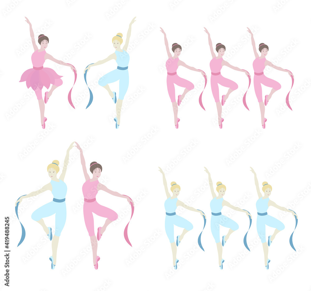 Vector illustration of dancing ballerinas.Prima in tutu skirt, classical ballet costumes and pointe shoes.Graceful pretty young girl.Cute cartoon style vector isolated, white background.Various poses