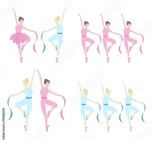 Vector illustration of dancing ballerinas.Prima in tutu skirt, classical ballet costumes and pointe shoes.Graceful pretty young girl.Cute cartoon style vector isolated, white background.Various poses