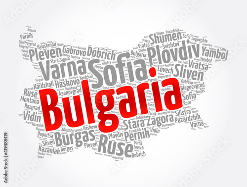 List of cities and towns in Bulgaria, map word cloud collage, business and travel concept background
