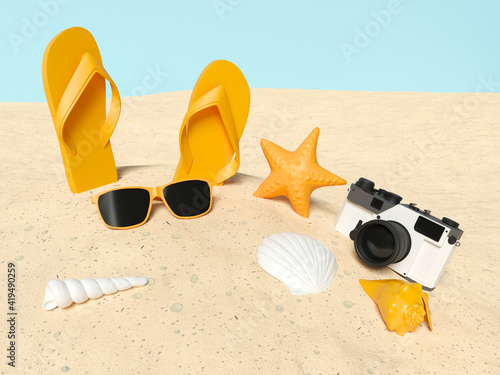 Wallpaper Mural 3d beach elements on sand. Summer holidays Torontodigital.ca