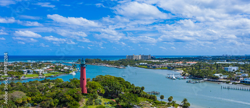Aerial photograph from a drone shot above the Jupiter Island Lighthouse in Palm Beach County Florida