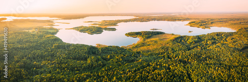 Fototapeta Naklejka Na Ścianę i Meble -  Braslaw District, Vitebsk Voblast, Belarus. Aerial View Of Lakes, Green Forest Landscape. Top View Of Beautiful European Nature From High Attitude. Bird's Eye View. Famous Lakes. Panorama