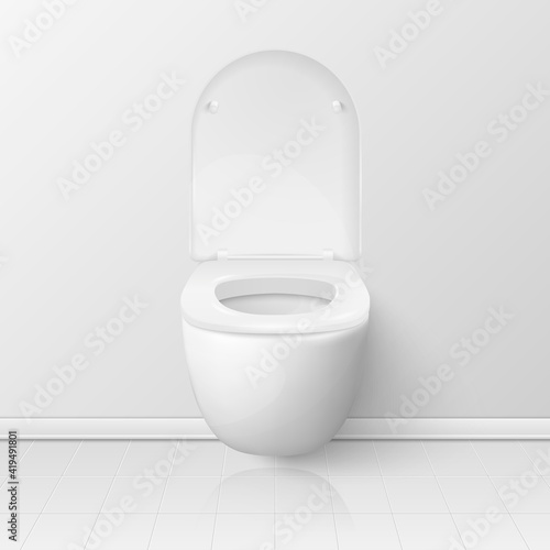 Vector 3d Realistic Opened White Ceramic Toilet Bowl with Lid in the Toilet Room. Plumbing, Mockup, Design Template for Interior, Cleaning, Hygiene Concept. Front View