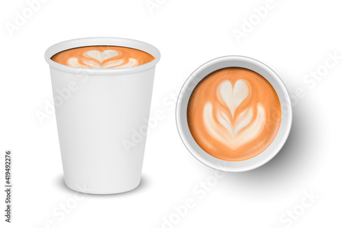 Vector 3d Realistic Paper White Disposable Cup Set Isolated with Milk Coffee Foam Isolated. Latte, Capuccino. Stock Vector Illustration. Design Template. Top and Front View