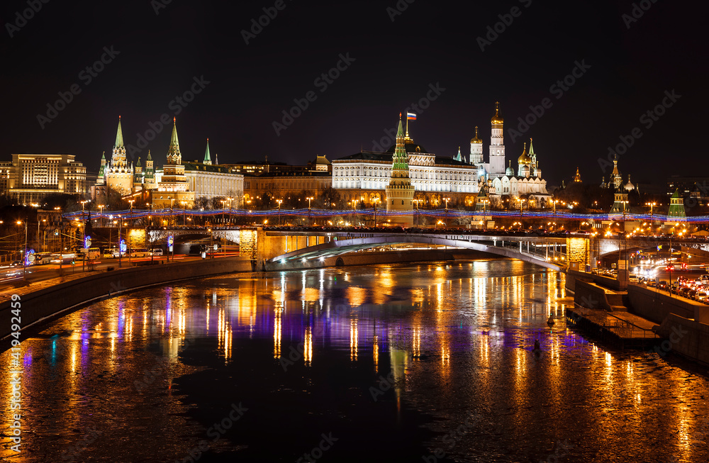 Panorama of Moscow at night with a view of the Kremlin and the Big Stone bridge. Russia