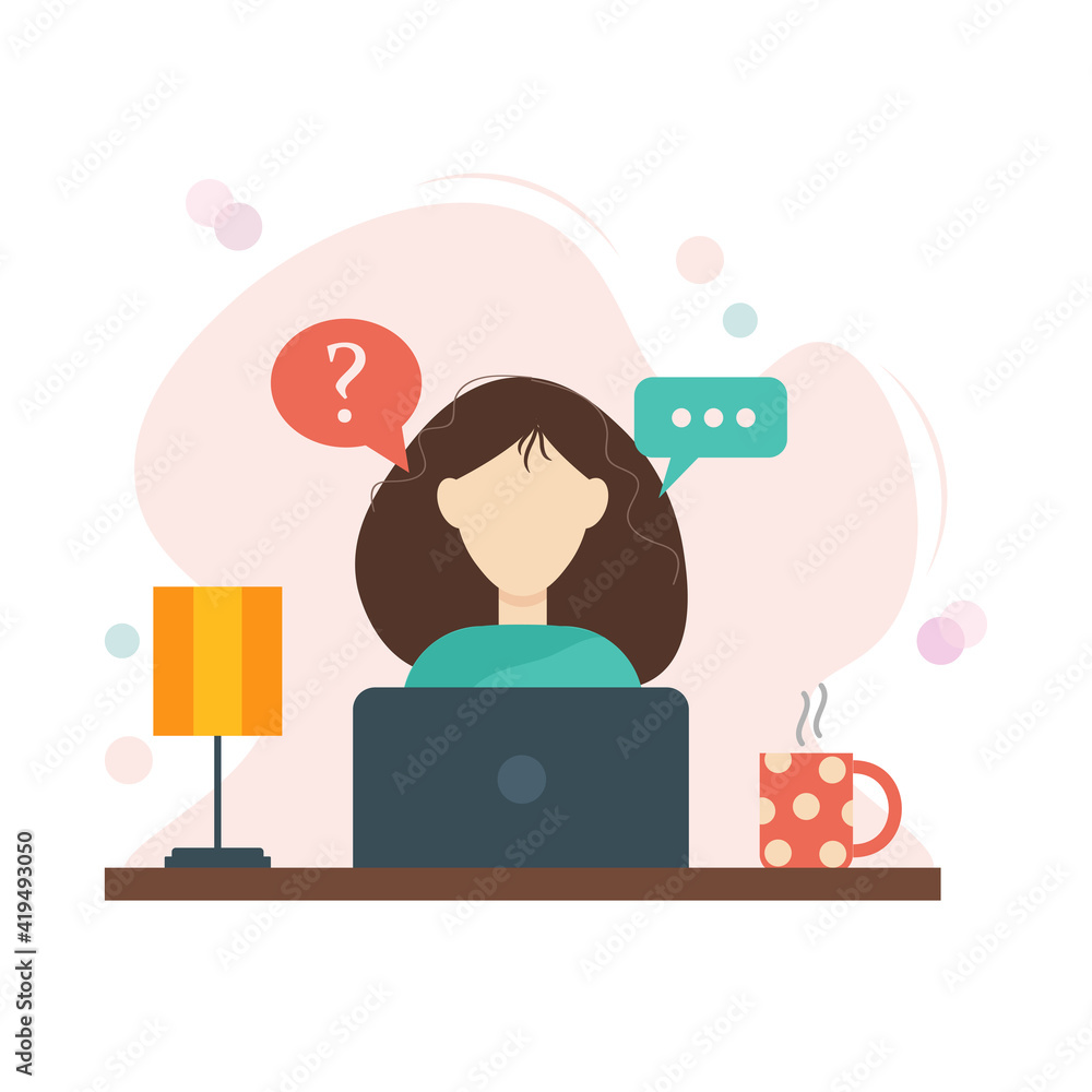 Girl with laptop sitting at the table, home office concept, using various opportunities of online communication. Cute vector illustration in flat style. Girl with laptop sitting at the table, home office concept, using various opportunities of online communication. Cute vector illustration in flat style.