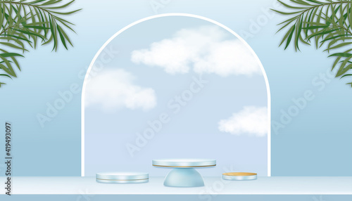 Minimal Podium showcase display with Cylinder Stand on blue sky  cloud and palm leaves on wall Vector Realistic 3D Stage pedestal platform for Product presentation  Cosmetic or Spa products on Summer