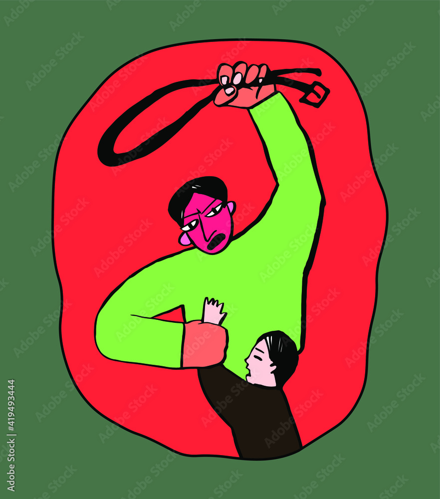 aggressive male asian character beating a child. tiny kid crying ...