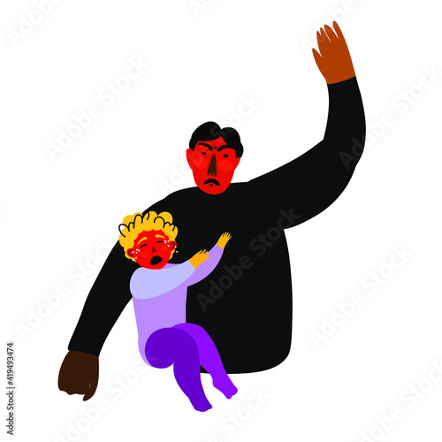 aggressive male asian character beating a child. tiny kid crying. vector illustration. domestic violence concept. children's day poster. physical violence. 