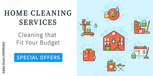 Cleaning services web banner.Template for landing, web page, layout.House cleaning. Room service website interface idea with icons
