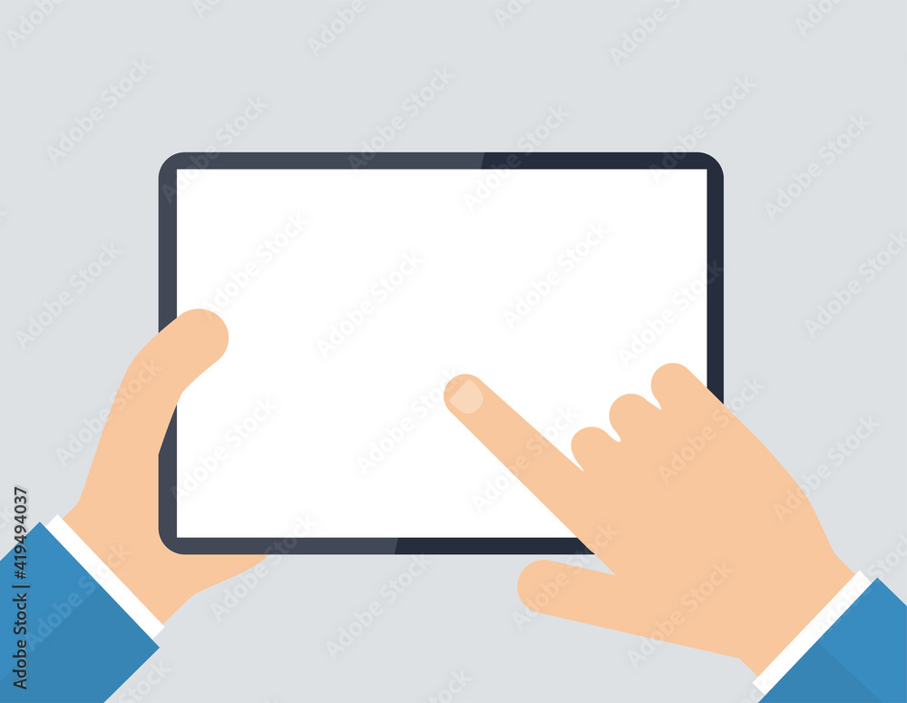 Hand holding tablet flat vector illustration with empty toch screen template Hand holding tablet flat vector illustration with empty toch screen template