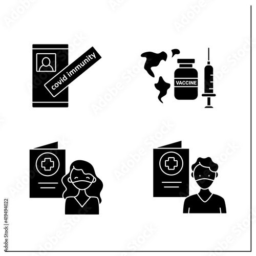 Health passport glyph icons set.Girl and boy in mask.World vaccination.Covid immunity. Information about health status.Vaccination card.Filled flat sign. Isolated silhouette vector illustration