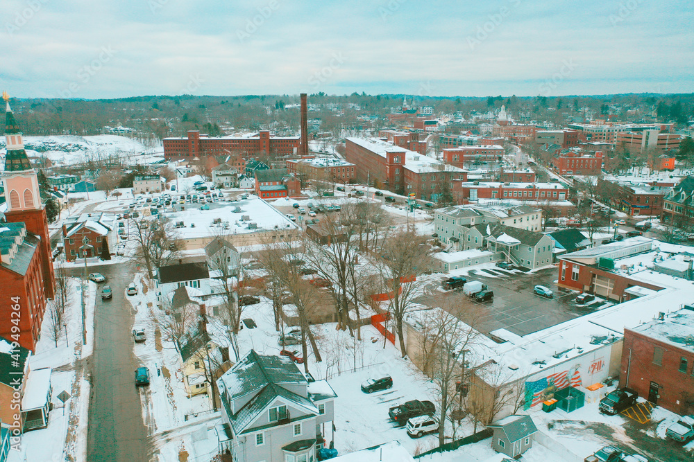 Aerial Drone Photography Of Downtown Dover, NH (New Hampshire) Skyline During The Winter Snow Season