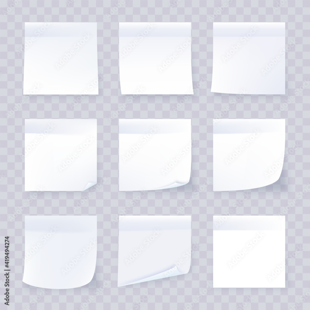 Realistic set white stick note isolated on transparent background. Post it notes collection with shadow. White paper collection Realistic set white stick note isolated on transparent background. Post it notes collection with shadow. White paper collection