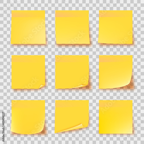 Realistic set yellow stick note isolated on transparent background. Post it notes collection with shadow. Yellow color. Post it notes collection with shadow
