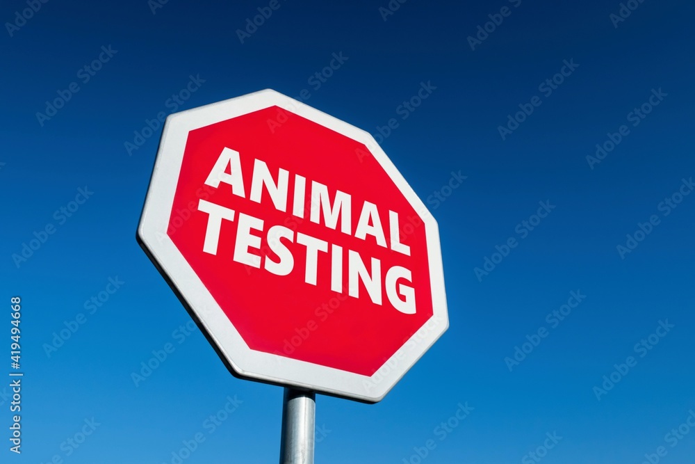 Stop traffic sign with ANIMAL TESTING text against suffering of animals during the development of cosmetics, drugs Stop traffic sign with ANIMAL TESTING text against suffering of animals during the development of cosmetics, drugs