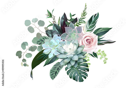 Blush pink rose, blue echeveria succulent, dusty flowers, eucalyptus, calathea